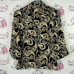 Burke avenue blouse button up shirt Elegant Black and Cream Swirl